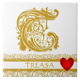 De Cerâmica T Monograma Nome Dourado Lace Red Heart Azulejo
