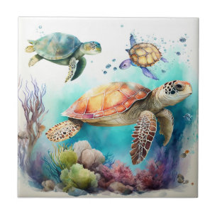 De Cerâmica Tartarugas do mar com aquarelas e Azulejo cerâmico