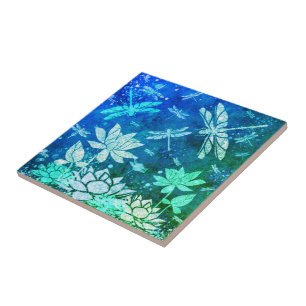 De Cerâmica Turquesa Blue Dragonflies Flores Cearmia Azulejo