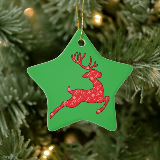 De Cerâmica Verde e Vermelho Rudolph - Ornamento (As Renas) (Árvore)