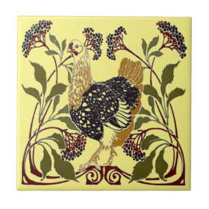 De Cerâmica Vintage Art Nouveau Galinha e Flores Azulejo cerâm