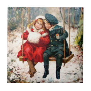 De Cerâmica Vintage Crianças Vitorianas no Azulejo Swing Cer