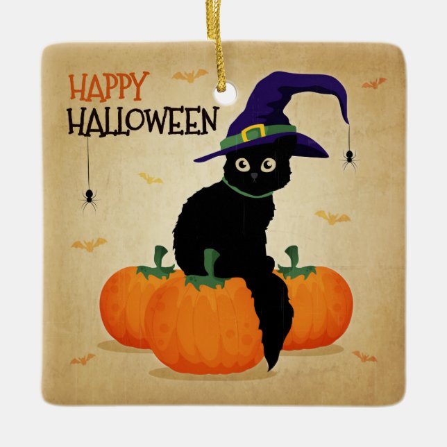De Cerâmica Vintage Halloween Cat e Pumpkins | Ornamento (Frente)
