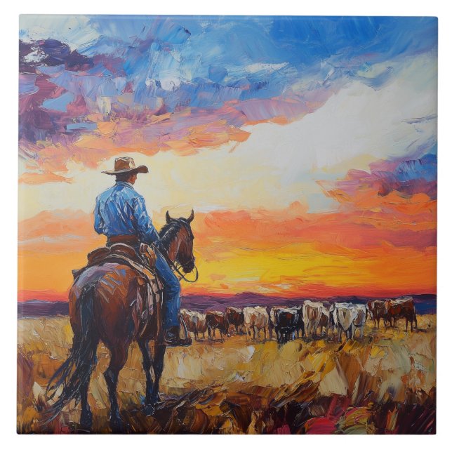 De Cerâmica Western Cowboy e Herd Azulejo Trivet (Frente)