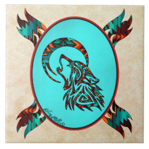 De Cerâmica Wolf Tribal Howling No Azulejo Cerâmico Da Lua