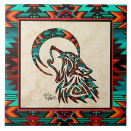 De Cerâmica Wolf Tribal Howling No Azulejo Cerâmico Da Lua