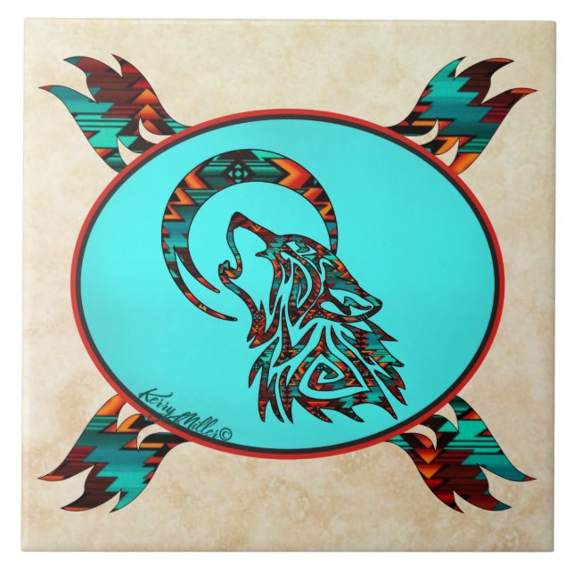 De Cerâmica Wolf Tribal Howling No Azulejo Cerâmico Da Lua (Frente)