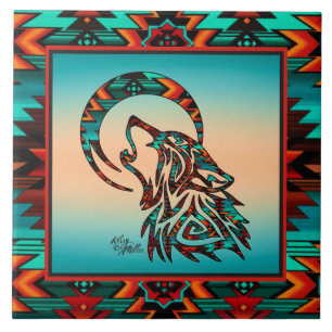 De Cerâmica Wolf Tribal Howling No Azulejo Cerâmico Da Lua