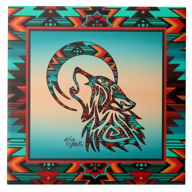 De Cerâmica Wolf Tribal Howling No Azulejo Cerâmico Da Lua (Frente)