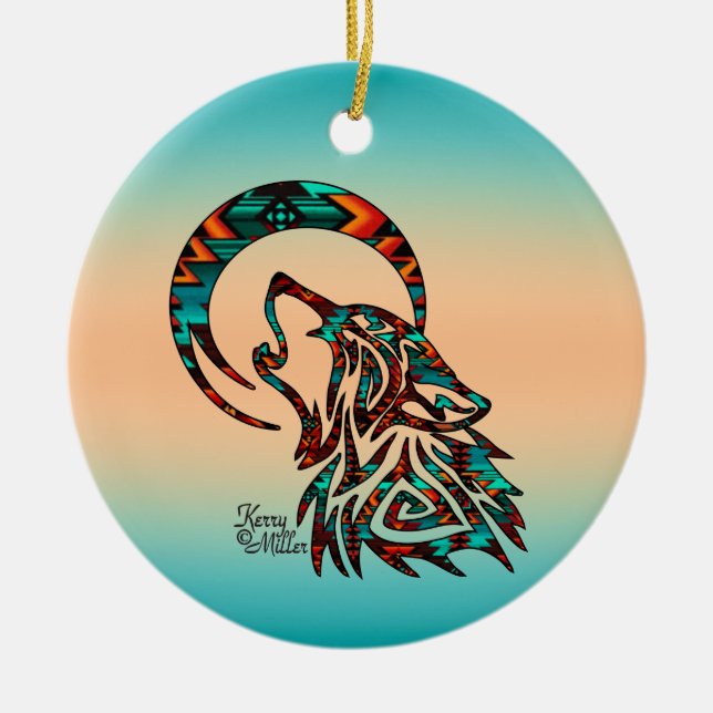De Cerâmica Wolf Tribal Howling No Ornamento Cerâmico Da Lua (Frente)