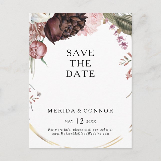 De Convite Cartão postal Burgundy Boho Floral Save The Date (Frente)