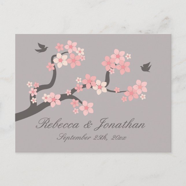 De Convite Cartão postal Cherry Blossom rosa/cinza RSVP (Frente)