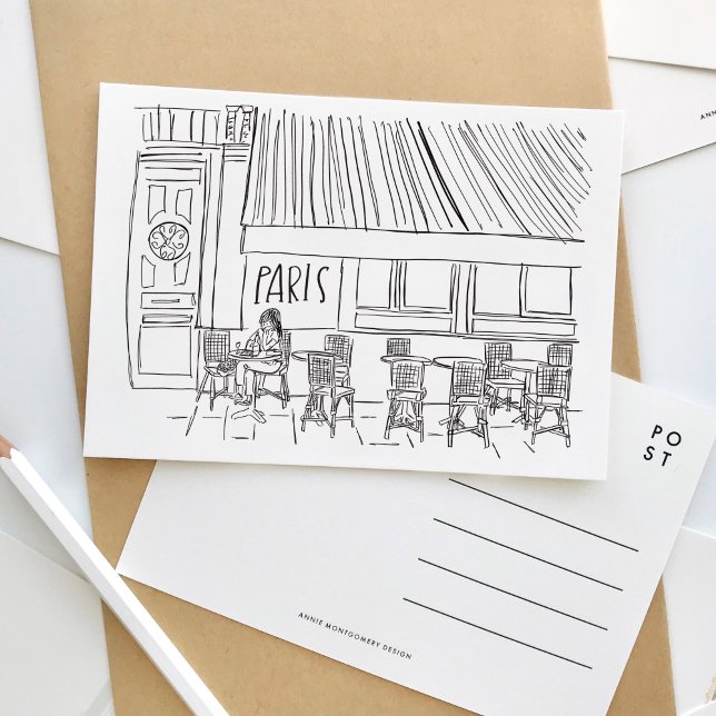 De Convite Cartão postal do Café Paris Negro e Branco (Black and white sketch Paris travel postcard.)