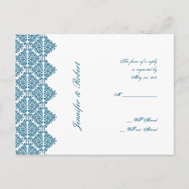 De Convite Cartão postal RSVP Azul Damask (Frente)