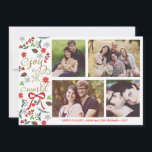 De Festividades Alegria moderna ao cartão com fotos dos feriados<br><div class="desc">Fotografia por Gabriela Koopmans @ www.gabriela-photography.com Cartão de Natal elegante com lugares para quatro fotos. Visco, flores, bagas vermelhas e cones das coníferas ilustrados junto com uma fita vermelha. Lê a "alegria ao mundo" no rico, pias batismais na moda do roteiro. Personalize-a com seus nome e fotos de família. O...</div>