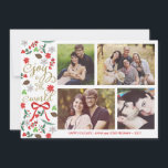 De Festividades Alegria moderna ao cartão com fotos dos feriados<br><div class="desc">Fotografia por Gabriela Koopmans @ www.gabriela-photography.com Cartão de Natal elegante com lugares para quatro fotos. Visco, flores, bagas vermelhas e cones das coníferas ilustrados junto com uma fita vermelha. Lê a "alegria ao mundo" no rico, pias batismais na moda do roteiro. Personalize-a com seus nome e fotos de família. O...</div>