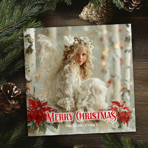De Festividades Anjo vintage elegante poinsettias vermelhas cartão
