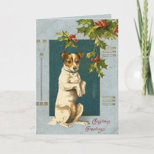 De Festividades Cachorro sob um cartão holly branch-natal vintage