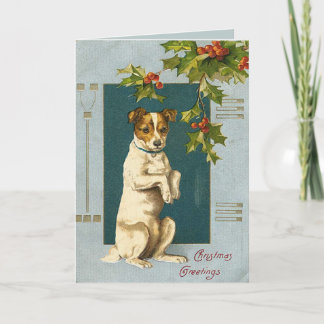 De Festividades Cachorro sob um cartão holly branch-natal vintage
