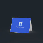 De Festividades Cartão Azul bonito Menorah Hanukkah<br><div class="desc">Lindo gráfico menorah com "HAPPY HANUKKAH" em letra de script. Personalize com seu nome.</div>