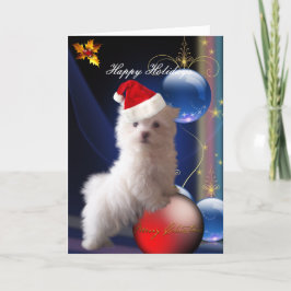 De Festividades Cartão Cachorro Branco Flores "Férias Felizes"