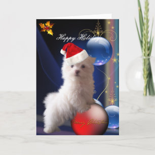 De Festividades Cartão Cachorro Branco Flores "Férias Felizes"