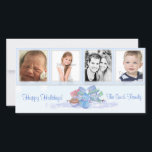 De Festividades Cartão com fotos Azul Snowmen<br><div class="desc">Este cartão com fotos de feriado mostra a família do boneco de neve em fundo azul de floco de neve e 4 pontos para suas fotos. Fácil de inserir sua própria foto e escolha de saudação.</div>