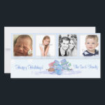 De Festividades Cartão com fotos Azul Snowmen<br><div class="desc">Este cartão com fotos de feriado mostra a família do boneco de neve em fundo azul de floco de neve e 4 pontos para suas fotos. Fácil de inserir sua própria foto e escolha de saudação.</div>