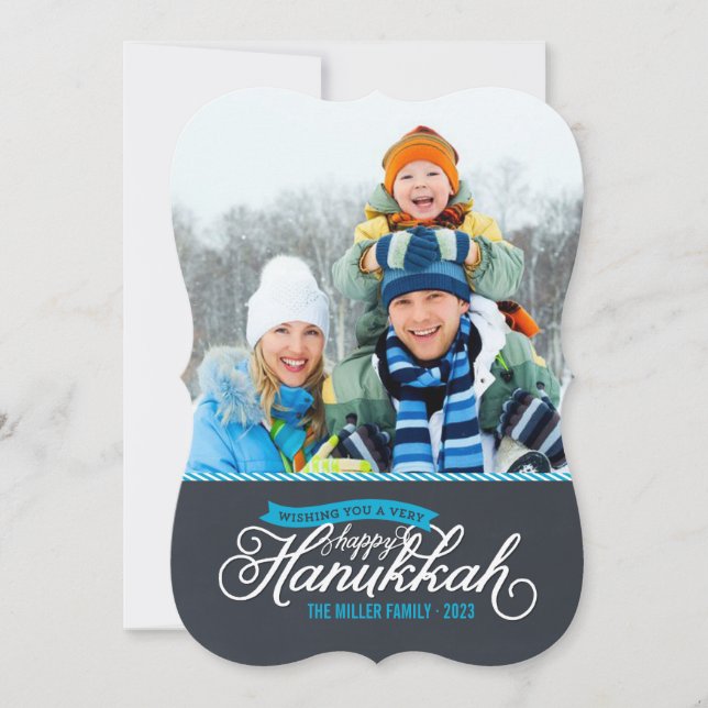 De Festividades Cartão com fotos Chalkboard Script Hanukkah (Frente)