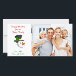 De Festividades Cartão com fotos da Família Snowman<br><div class="desc">Este cartão com fotos personalizado de Natal Feriado com um boneco de neve engraçado com nariz de cenoura e que pode ser personalizado com sua própria foto e mensagem digital.</div>