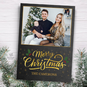 De Festividades Cartão com fotos Elegante Dourado da Família Feliz