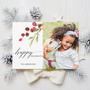 De Festividades Cartão com fotos Greenery Red Berries