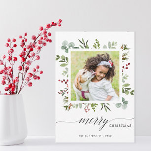 De Festividades Cartão com fotos Greenery Red Berries