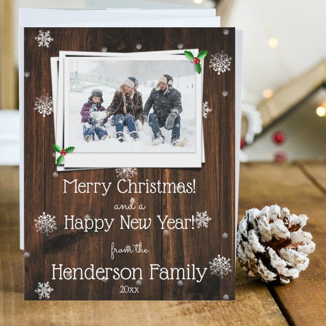 De Festividades Cartão com fotos Rustic Wooden Flat Holiday (Rustic Wooden Photo Christmas Card)
