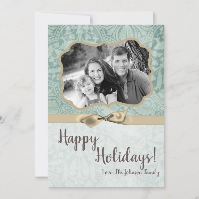 De Festividades cartão com fotos XMAS Blue Damask 5x7 Natal (Frente)