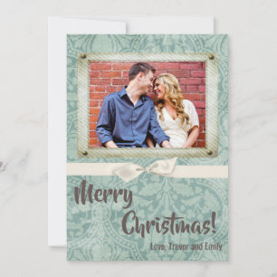 De Festividades cartão com fotos XMAS Blue Damask 5x7 Natal