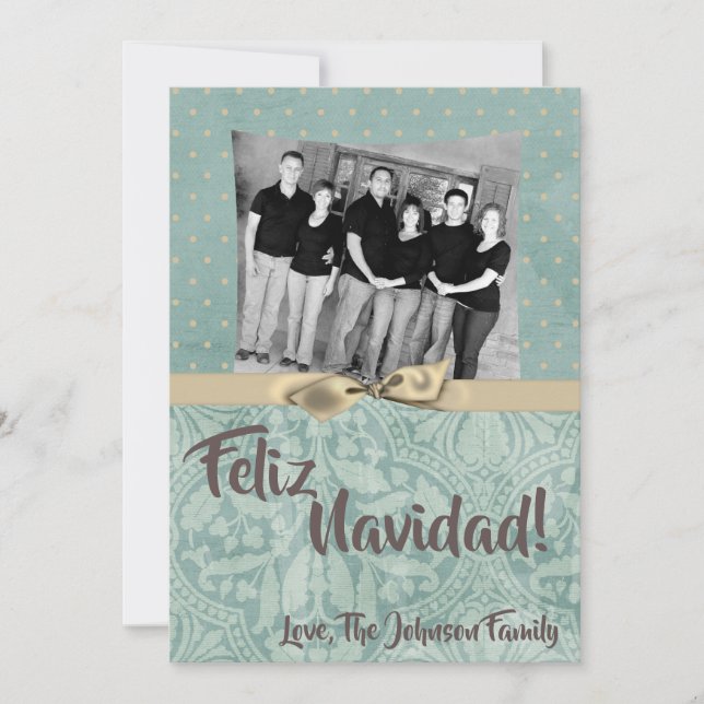 De Festividades cartão com fotos XMAS Blue Damask 5x7 Natal (Frente)