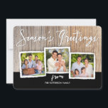 De Festividades Cartão da colagem da foto do Woodgrain dos<br><div class="desc">Um design rústico moderno da tipografia bonita que lê da "os cumprimentos estação" e caracteriza uma colagem moldada de três fotos de sua família feliz ajustada em um fundo de madeira da grão do falso na parte dianteira. Na parte traseira, uma foto sem redução é apropriada para moldar. Um cartão...</div>