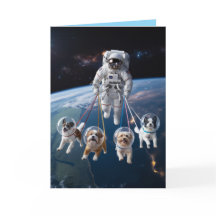 Cartão do Astronauta Passeando com o Cachorro