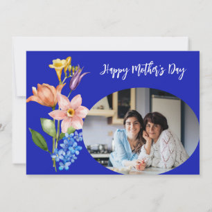 De Festividades Cartão do Dia das Mães com Foto Floral Azul