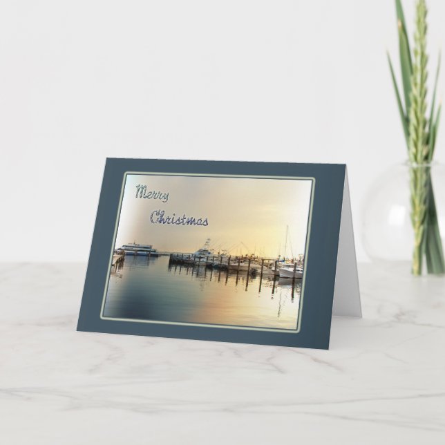 De Festividades Cartão do Natal - barcos no nascer do sol do porto (Frente)