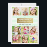 De Festividades Cartão Dourado dos feriados da colagem da foto da<br><div class="desc">Cartões de Natal modernos elegantes que caracterizam nove de suas fotos favoritas. Personalize com seu nome de família. Listras verdes e brancas da hortelã macia como cursos da escova para um design original à moda. Mínimo, simples no entanto muito na moda este cartão tem uma etiqueta do olhar do ouro...</div>
