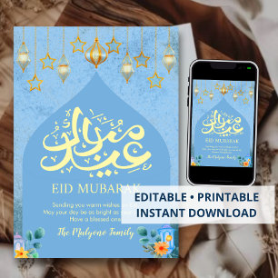 De Festividades Cartão Eid Mubarak Celestial com Aquarela Azul
