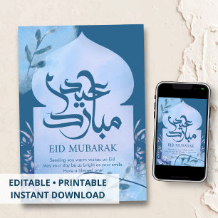 De Festividades Cartão Eid Mubarak com Arco Floral em Aquarela Azu