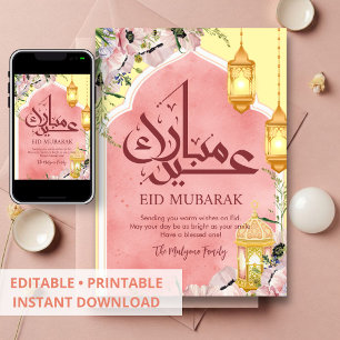 De Festividades Cartão Eid Mubarak com Arco Floral Rosa Elegante