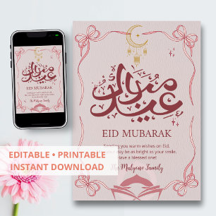 De Festividades Cartão Eid Mubarak com Fita Rosa Bonita e Crescent