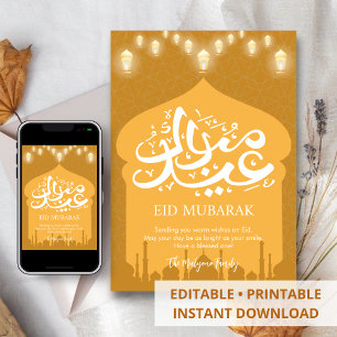 De Festividades Cartão Eid Mubarak com Silhueta da Mesquita Dourad
