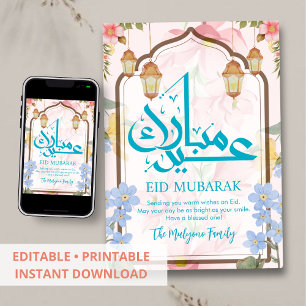 De Festividades Cartão Eid Mubarak Floral Aquarela Azul e Rosa