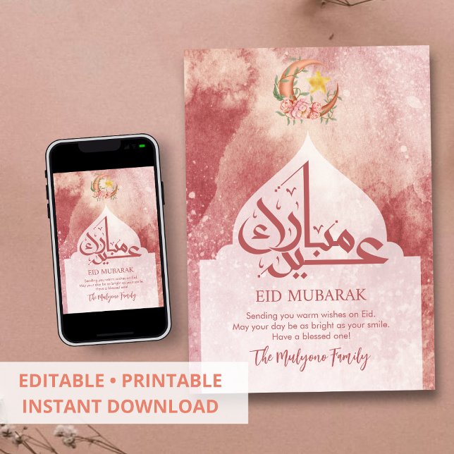 De Festividades Cartão Eid Mubarak Floral Rosa Empoeirada Lua (Criador carregado)