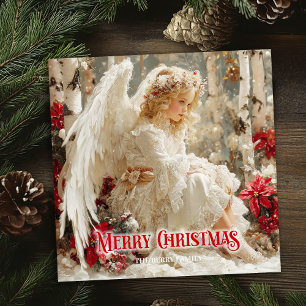 De Festividades Cartão elegante com anjo e poinsettias vermelhas n